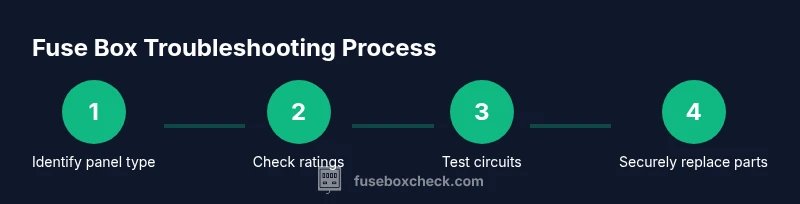 Infographic showing a four-step process to troubleshoot a fuse box