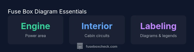 Infographic showing engine bay, cabin circuits, and legend alignment for fuse box diagram