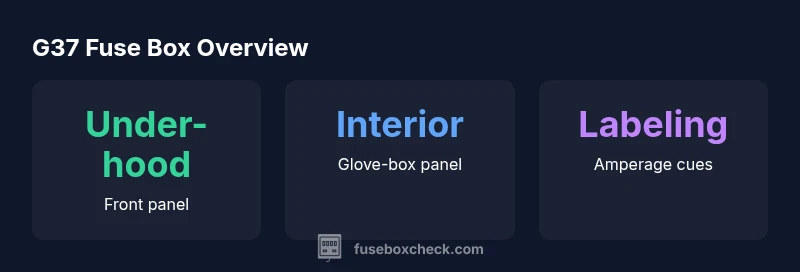 Infiniti G37 fuse box diagram infographic showing under-hood and interior panels