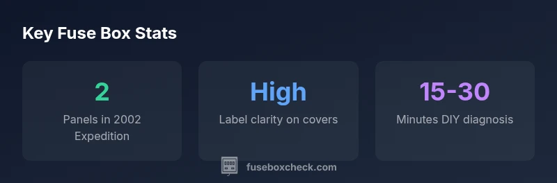Infographic showing fuse box locations and typical fuses for a 2002 Ford Expedition