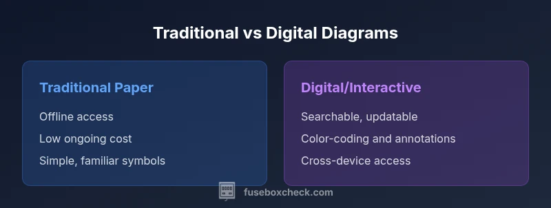 Comparison of traditional paper diagrams and digital diagrams for fuse boxes