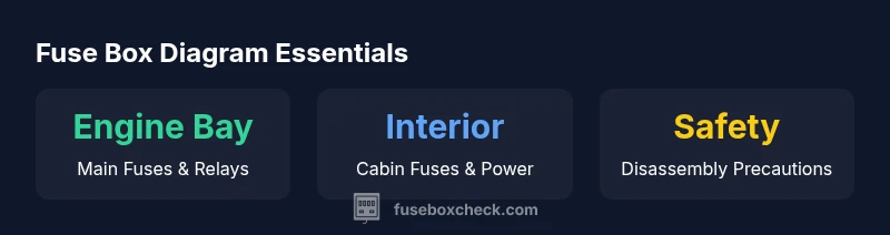Infographic showing engine bay fuse box, interior fuse panel, and safety steps for a 2008 Saturn Vue