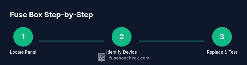 Process diagram showing locating, identifying, and replacing fuses in a fuse box