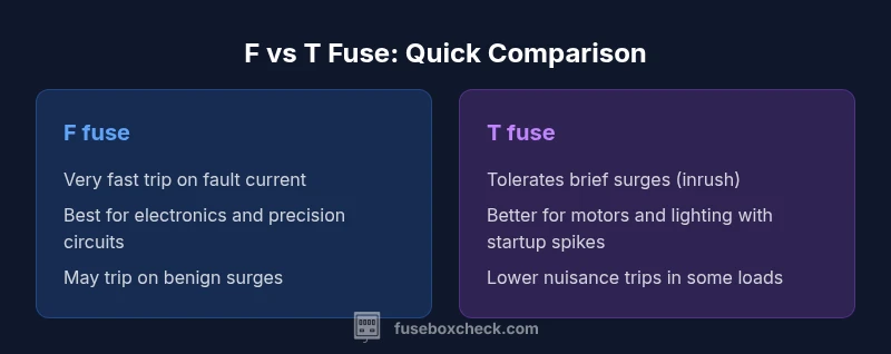 A side-by-side infographic comparing fast-acting F fuses and time-delay T fuses