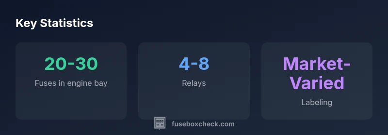 Infographic showing under-hood fuse box layout with fuse counts and relay positions