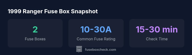 Infographic showing fuse box locations and common fuses in a 1999 Ford Ranger
