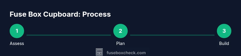 Process infographic showing assess, plan, build steps for fuse box cupboard