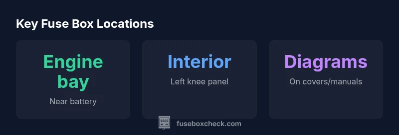 Infographic showing engine bay fuse box near battery, interior fuse box near left knee panel, and diagrams