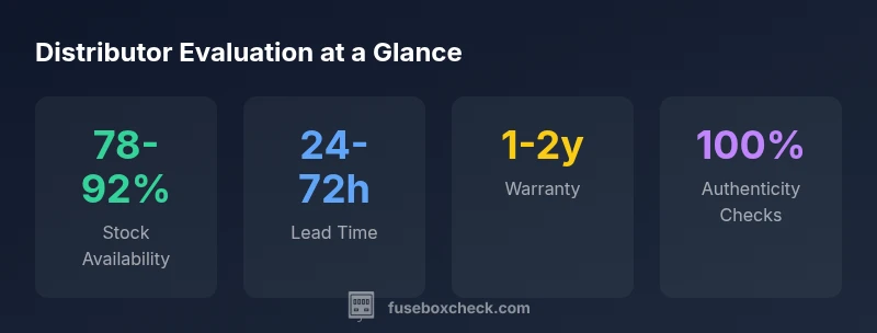 Distributor evaluation infographic showing stock, lead time, warranty, authenticity