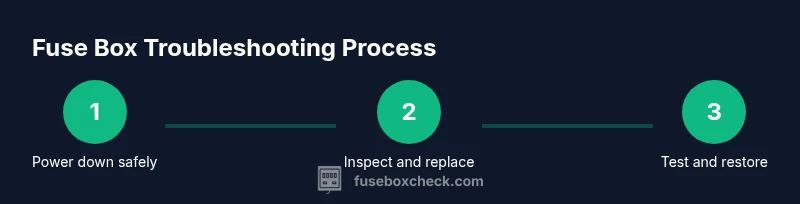 Infographic showing a three-step fuse box troubleshooting process
