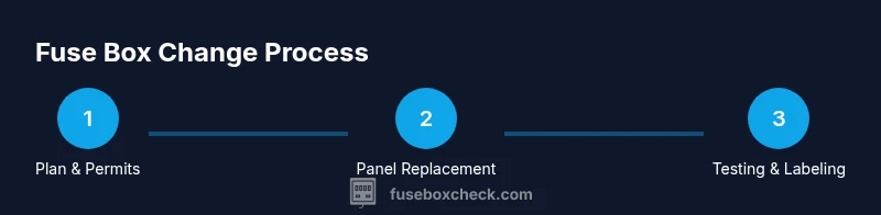 Process infographic showing planning, permit, installation steps for fuse box change