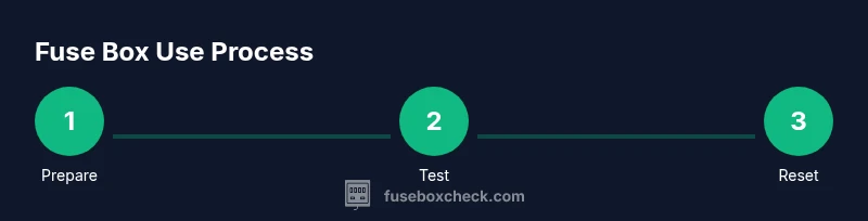 Process diagram showing prepare, test, and reset steps for using a fuse box