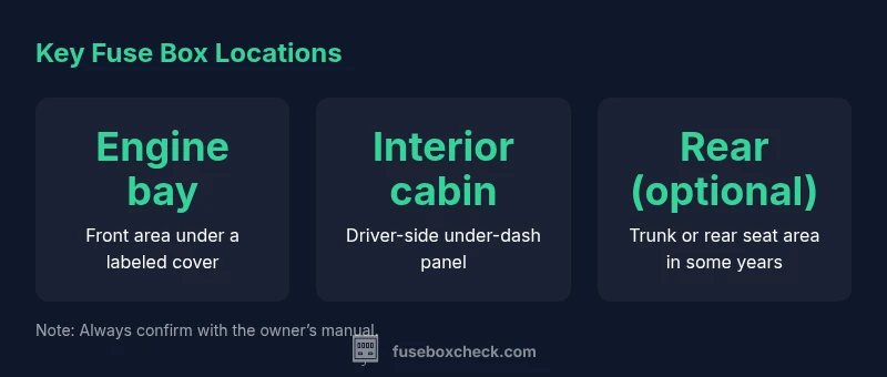 Diagram showing Ford Fusion fuse box locations (engine bay, interior cabin, trunk).