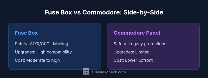 Comparison infographic showing Fuse Box vs Commodore panel with safety and upgrade differences