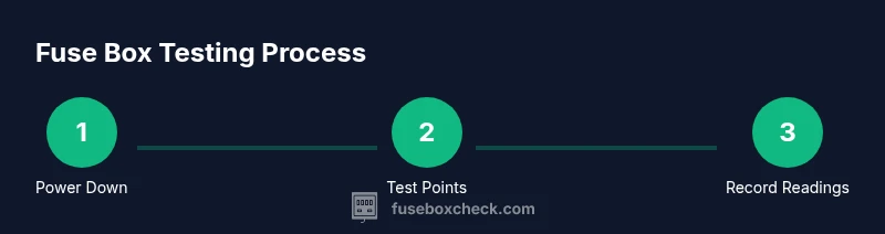 Process infographic showing steps to test fuse box with multimeter