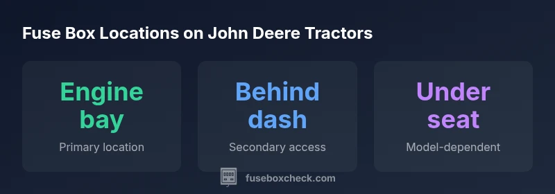 Infographic showing fuse box locations on John Deere tractors