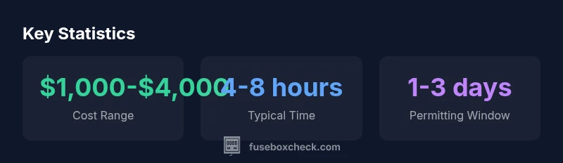 Infographic showing fuse box replacement cost ranges, time, and permitting window
